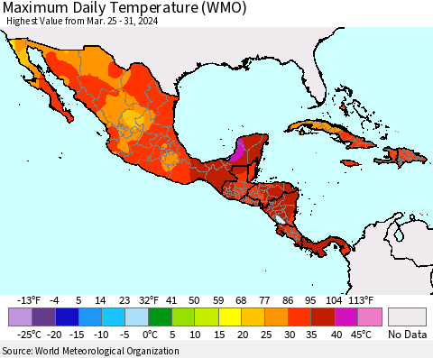 Mexico Central America and the Caribbean Maximum Daily Temperature (WMO) Thematic Map For 3/25/2024 - 3/31/2024