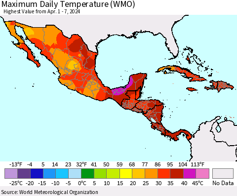 Mexico Central America and the Caribbean Maximum Daily Temperature (WMO) Thematic Map For 4/1/2024 - 4/7/2024