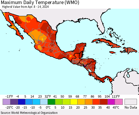 Mexico Central America and the Caribbean Maximum Daily Temperature (WMO) Thematic Map For 4/8/2024 - 4/14/2024