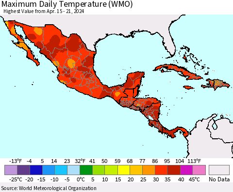 Mexico Central America and the Caribbean Maximum Daily Temperature (WMO) Thematic Map For 4/15/2024 - 4/21/2024