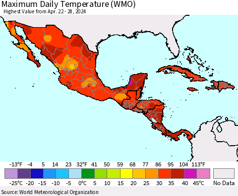 Mexico Central America and the Caribbean Maximum Daily Temperature (WMO) Thematic Map For 4/22/2024 - 4/28/2024