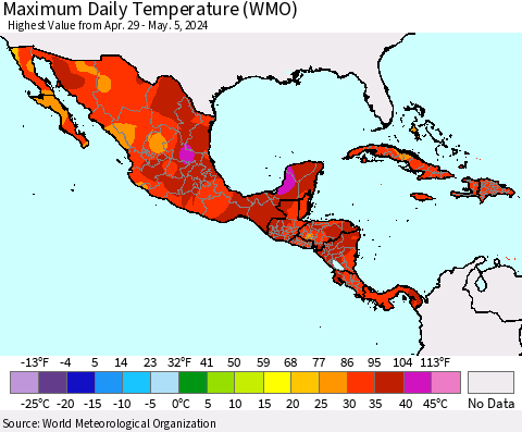 Mexico Central America and the Caribbean Maximum Daily Temperature (WMO) Thematic Map For 4/29/2024 - 5/5/2024