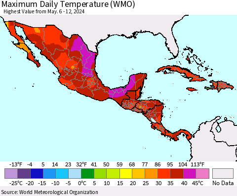 Mexico Central America and the Caribbean Maximum Daily Temperature (WMO) Thematic Map For 5/6/2024 - 5/12/2024