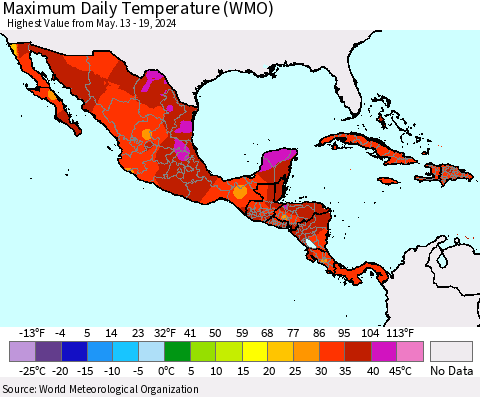 Mexico Central America and the Caribbean Maximum Daily Temperature (WMO) Thematic Map For 5/13/2024 - 5/19/2024
