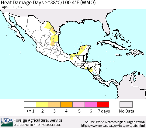 Mexico Central America and the Caribbean Heat Damage Days >=38°C/100°F (WMO) Thematic Map For 4/5/2021 - 4/11/2021