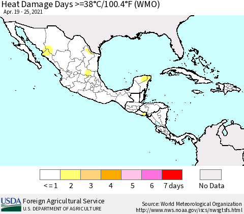 Mexico Central America and the Caribbean Heat Damage Days >=38°C/100°F (WMO) Thematic Map For 4/19/2021 - 4/25/2021