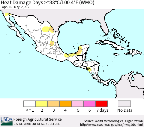 Mexico Central America and the Caribbean Heat Damage Days >=38°C/100°F (WMO) Thematic Map For 4/26/2021 - 5/2/2021