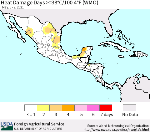 Mexico Central America and the Caribbean Heat Damage Days >=38°C/100°F (WMO) Thematic Map For 5/3/2021 - 5/9/2021
