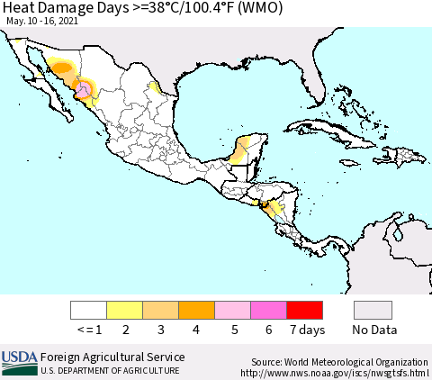 Mexico Central America and the Caribbean Heat Damage Days >=38°C/100°F (WMO) Thematic Map For 5/10/2021 - 5/16/2021