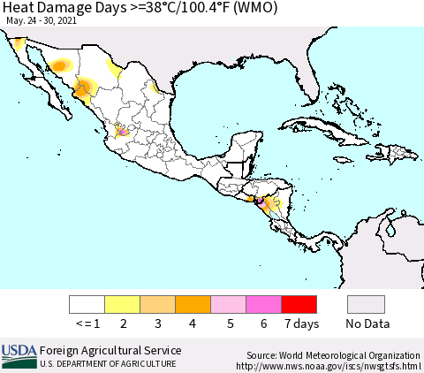 Mexico Central America and the Caribbean Heat Damage Days >=38°C/100°F (WMO) Thematic Map For 5/24/2021 - 5/30/2021