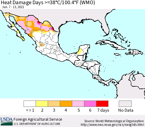 Mexico Central America and the Caribbean Heat Damage Days >=38°C/100°F (WMO) Thematic Map For 6/7/2021 - 6/13/2021