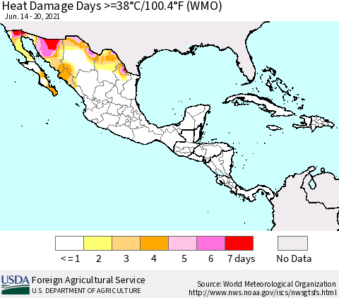 Mexico Central America and the Caribbean Heat Damage Days >=38°C/100°F (WMO) Thematic Map For 6/14/2021 - 6/20/2021