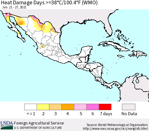Mexico Central America and the Caribbean Heat Damage Days >=38°C/100°F (WMO) Thematic Map For 6/21/2021 - 6/27/2021