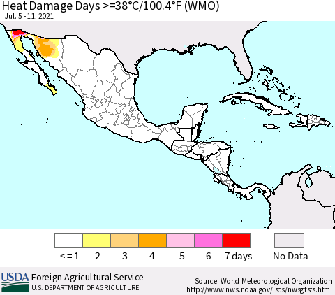 Mexico Central America and the Caribbean Heat Damage Days >=38°C/100°F (WMO) Thematic Map For 7/5/2021 - 7/11/2021