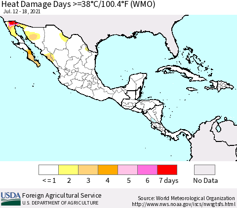 Mexico Central America and the Caribbean Heat Damage Days >=38°C/100°F (WMO) Thematic Map For 7/12/2021 - 7/18/2021