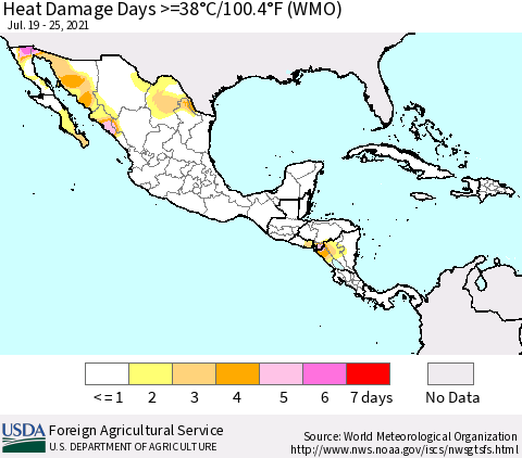 Mexico Central America and the Caribbean Heat Damage Days >=38°C/100°F (WMO) Thematic Map For 7/19/2021 - 7/25/2021