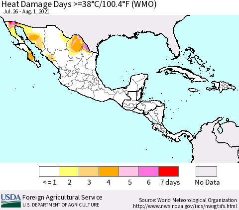 Mexico Central America and the Caribbean Heat Damage Days >=38°C/100°F (WMO) Thematic Map For 7/26/2021 - 8/1/2021