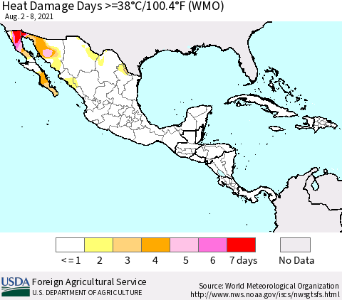 Mexico Central America and the Caribbean Heat Damage Days >=38°C/100°F (WMO) Thematic Map For 8/2/2021 - 8/8/2021