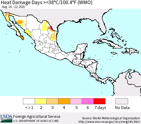 Mexico Central America and the Caribbean Heat Damage Days >=38°C/100°F (WMO) Thematic Map For 8/16/2021 - 8/22/2021