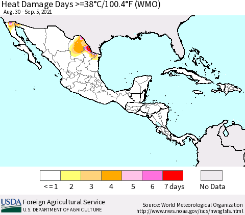 Mexico Central America and the Caribbean Heat Damage Days >=38°C/100°F (WMO) Thematic Map For 8/30/2021 - 9/5/2021