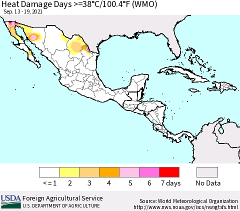 Mexico Central America and the Caribbean Heat Damage Days >=38°C/100°F (WMO) Thematic Map For 9/13/2021 - 9/19/2021