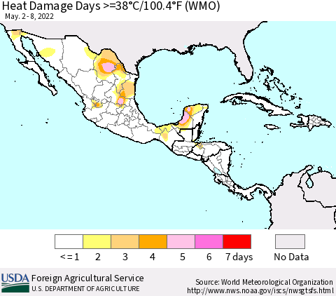 Mexico Central America and the Caribbean Heat Damage Days >=38°C/100°F (WMO) Thematic Map For 5/2/2022 - 5/8/2022