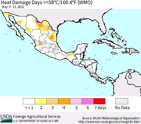 Mexico Central America and the Caribbean Heat Damage Days >=38°C/100°F (WMO) Thematic Map For 5/9/2022 - 5/15/2022