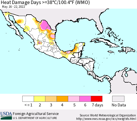 Mexico Central America and the Caribbean Heat Damage Days >=38°C/100°F (WMO) Thematic Map For 5/16/2022 - 5/22/2022