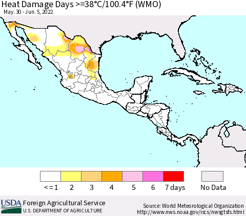 Mexico Central America and the Caribbean Heat Damage Days >=38°C/100°F (WMO) Thematic Map For 5/30/2022 - 6/5/2022