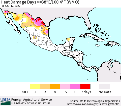 Mexico Central America and the Caribbean Heat Damage Days >=38°C/100°F (WMO) Thematic Map For 6/6/2022 - 6/12/2022