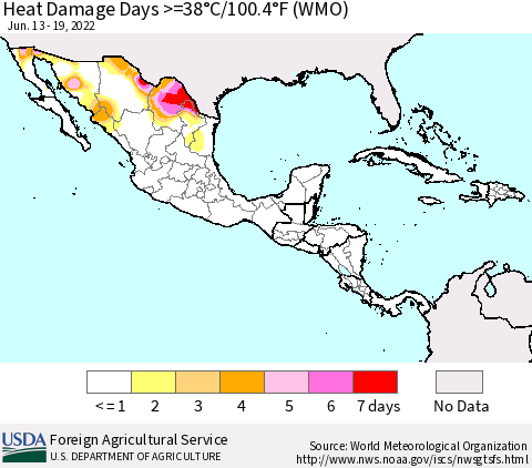 Mexico Central America and the Caribbean Heat Damage Days >=38°C/100°F (WMO) Thematic Map For 6/13/2022 - 6/19/2022