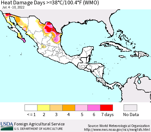 Mexico Central America and the Caribbean Heat Damage Days >=38°C/100°F (WMO) Thematic Map For 7/4/2022 - 7/10/2022