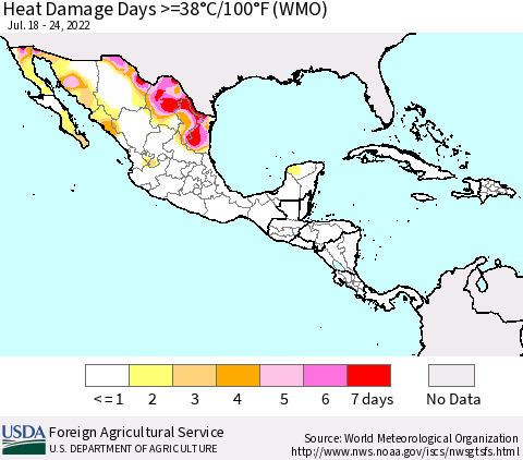 Mexico Central America and the Caribbean Heat Damage Days >=38°C/100°F (WMO) Thematic Map For 7/18/2022 - 7/24/2022