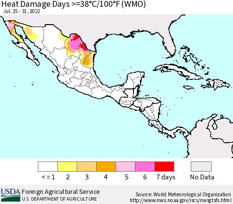 Mexico Central America and the Caribbean Heat Damage Days >=38°C/100°F (WMO) Thematic Map For 7/25/2022 - 7/31/2022