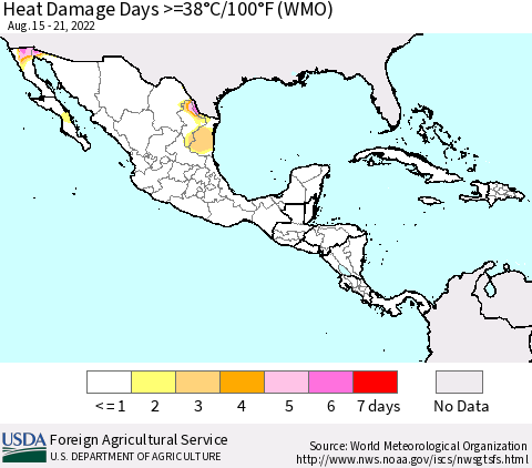 Mexico Central America and the Caribbean Heat Damage Days >=38°C/100°F (WMO) Thematic Map For 8/15/2022 - 8/21/2022