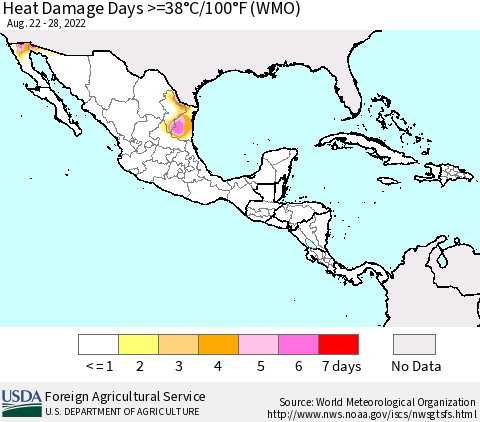 Mexico Central America and the Caribbean Heat Damage Days >=38°C/100°F (WMO) Thematic Map For 8/22/2022 - 8/28/2022