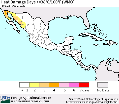 Mexico Central America and the Caribbean Heat Damage Days >=38°C/100°F (WMO) Thematic Map For 9/26/2022 - 10/2/2022