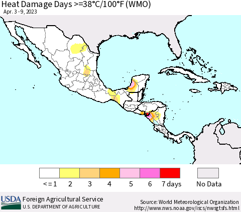 Mexico Central America and the Caribbean Heat Damage Days >=38°C/100°F (WMO) Thematic Map For 4/3/2023 - 4/9/2023