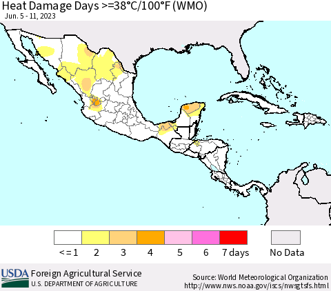 Mexico Central America and the Caribbean Heat Damage Days >=38°C/100°F (WMO) Thematic Map For 6/5/2023 - 6/11/2023