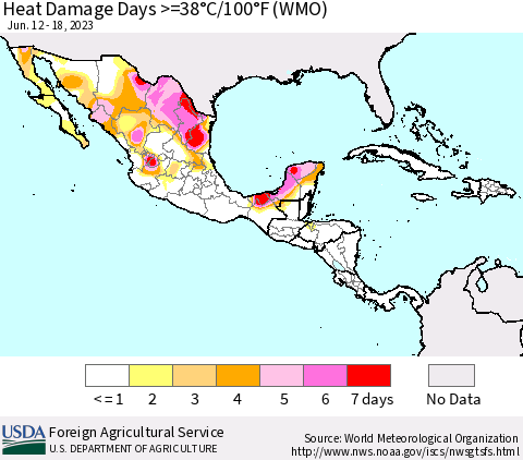 Mexico Central America and the Caribbean Heat Damage Days >=38°C/100°F (WMO) Thematic Map For 6/12/2023 - 6/18/2023