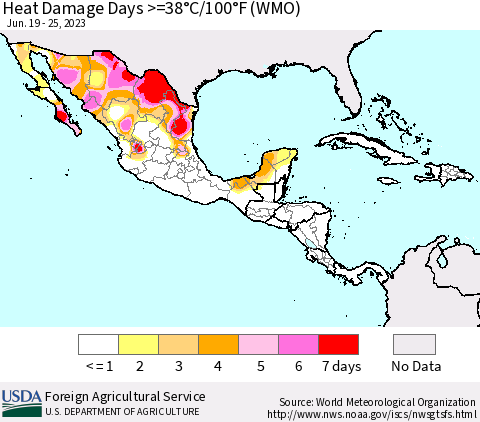 Mexico Central America and the Caribbean Heat Damage Days >=38°C/100°F (WMO) Thematic Map For 6/19/2023 - 6/25/2023
