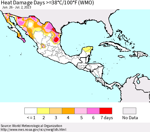 Mexico Central America and the Caribbean Heat Damage Days >=38°C/100°F (WMO) Thematic Map For 6/26/2023 - 7/2/2023