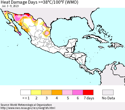 Mexico Central America and the Caribbean Heat Damage Days >=38°C/100°F (WMO) Thematic Map For 7/3/2023 - 7/9/2023