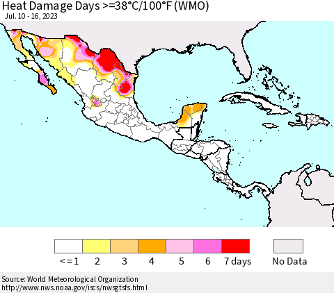 Mexico Central America and the Caribbean Heat Damage Days >=38°C/100°F (WMO) Thematic Map For 7/10/2023 - 7/16/2023