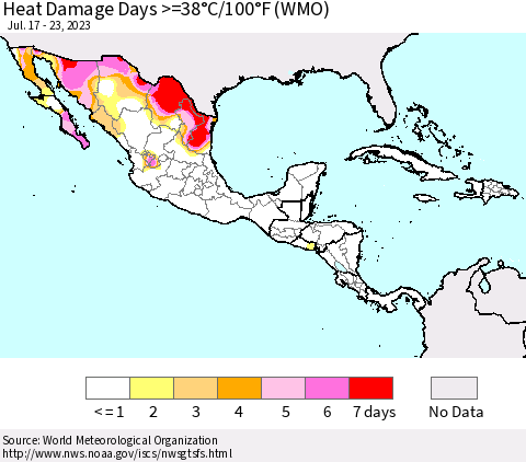 Mexico Central America and the Caribbean Heat Damage Days >=38°C/100°F (WMO) Thematic Map For 7/17/2023 - 7/23/2023