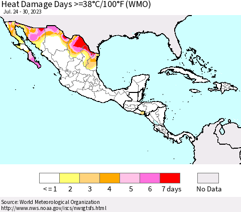 Mexico Central America and the Caribbean Heat Damage Days >=38°C/100°F (WMO) Thematic Map For 7/24/2023 - 7/30/2023