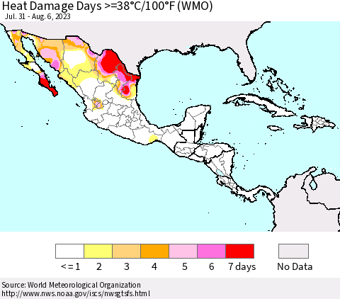 Mexico Central America and the Caribbean Heat Damage Days >=38°C/100°F (WMO) Thematic Map For 7/31/2023 - 8/6/2023