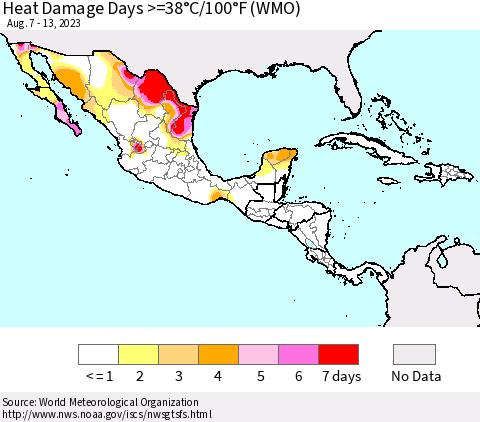 Mexico Central America and the Caribbean Heat Damage Days >=38°C/100°F (WMO) Thematic Map For 8/7/2023 - 8/13/2023