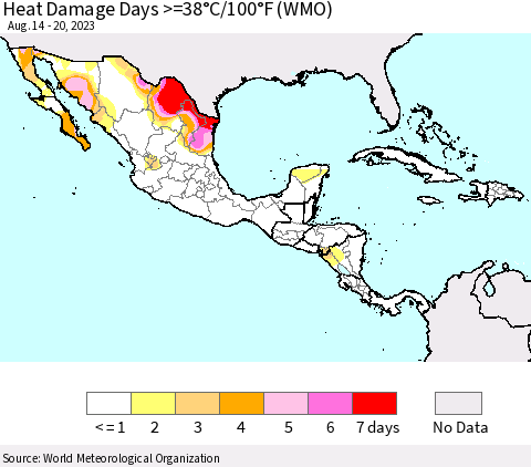 Mexico Central America and the Caribbean Heat Damage Days >=38°C/100°F (WMO) Thematic Map For 8/14/2023 - 8/20/2023