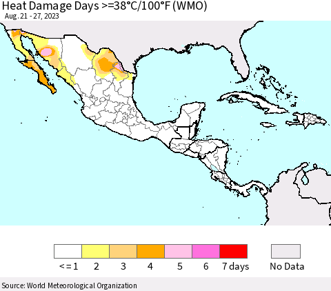 Mexico Central America and the Caribbean Heat Damage Days >=38°C/100°F (WMO) Thematic Map For 8/21/2023 - 8/27/2023